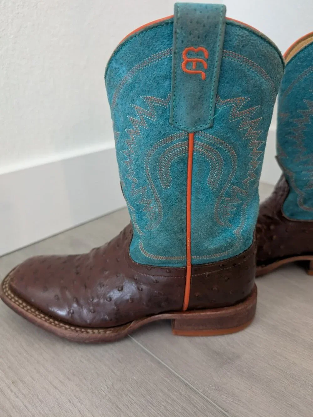 ANDERSON BEAN Kids Chocolate Ostrich Cowboy Boots Turquoise Shaft Size 1 AKB7083